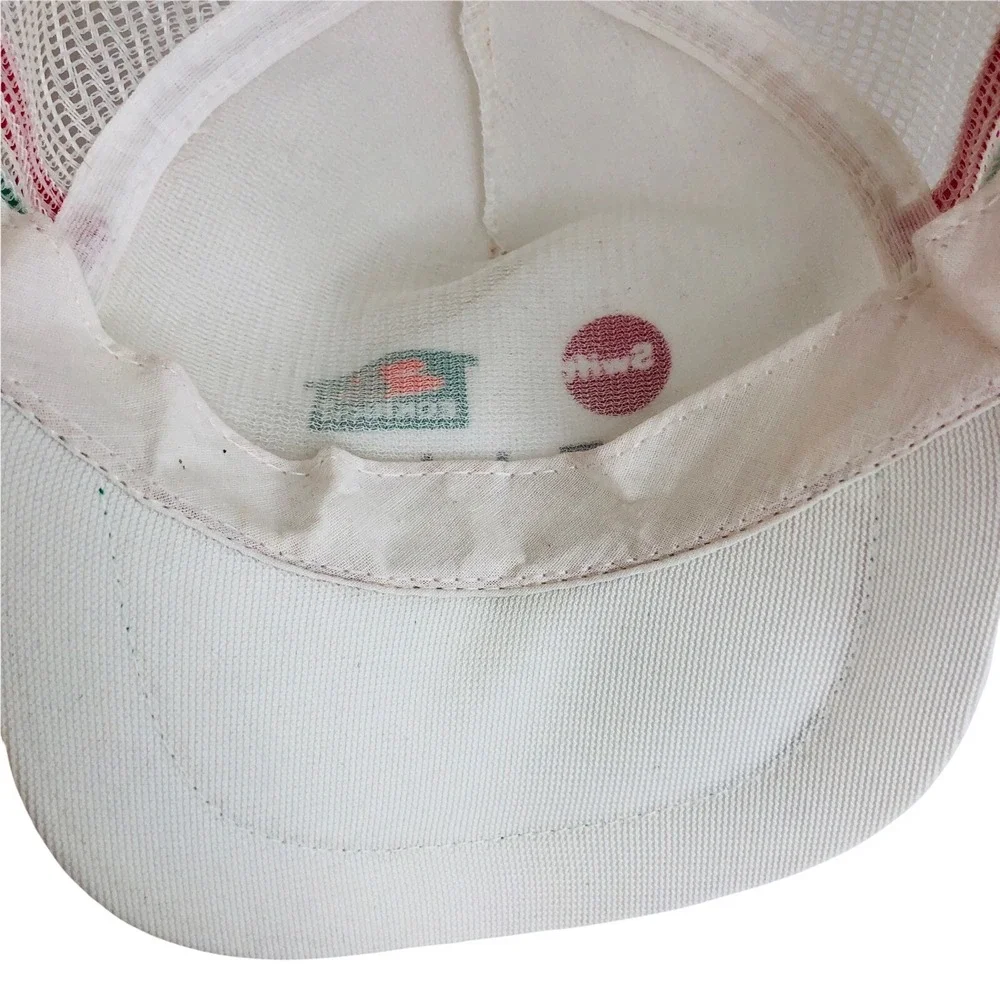 3 Stripe Trucker Hat Swift Eckrich Bars SnapBack Mesh Cap Made In USA White VTG
